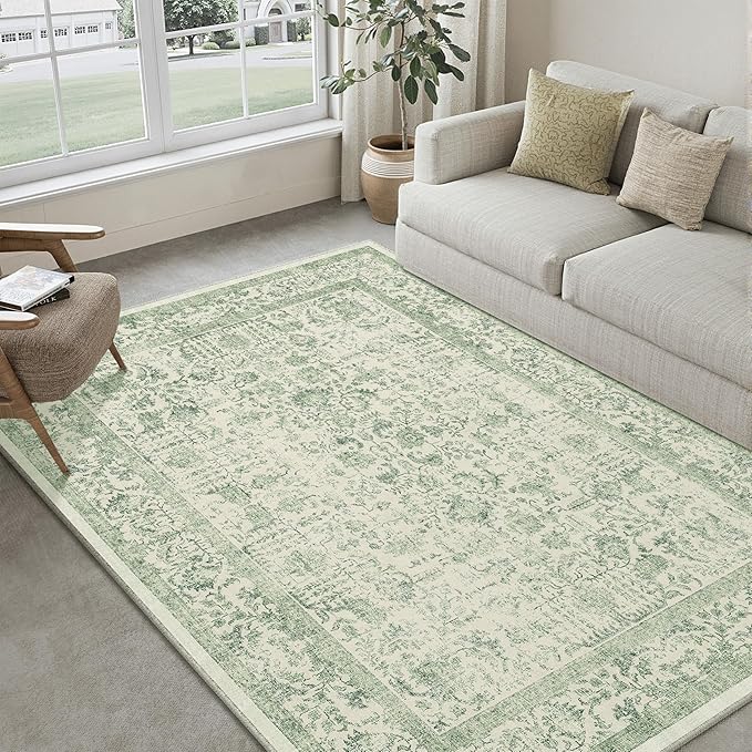 Sage Green Area Rug 5x8 Living Room Washable Carpet Vintage Distressed Non Slip by PureCozy