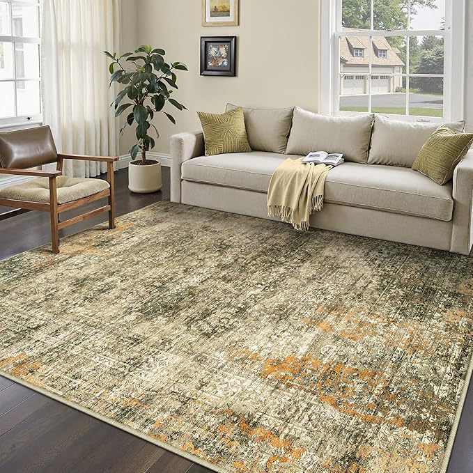 Area Rug 5x7 Brown Washable Non-Slip Lightweight Floral Vintage Distress Print by PureCozy