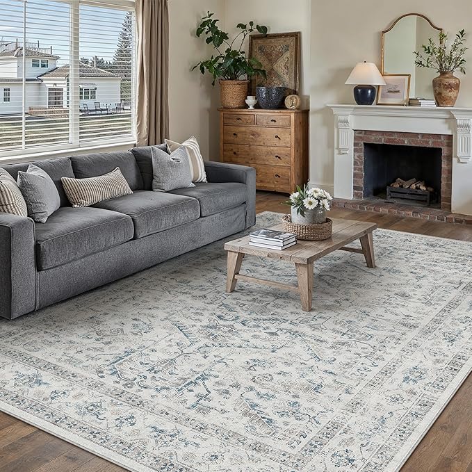 Blue 8x10 Area Rug Vintage Washable Living Room Carpet Non Slip Bedroom Indoor - Image 3