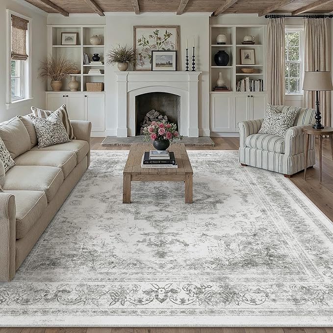 Washable Rug 9x12 Area Rug for Living Room Gray Vintage Boho Medallion Large - Image 5