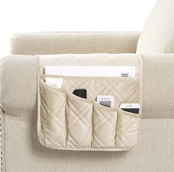 Brilliant Sunshine Beige Velvet Couch Armrest 5 Pockets Organizer, Slip by BrilliantSunshine