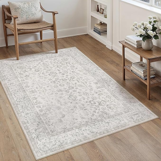 3x5 Grey Area Rug Non Slip Vintage Office Entryway Rug Distressed Machine by PureCozy