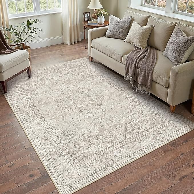 Beige 4x6 Area Rug Washable Vintage Carpet - Image 3