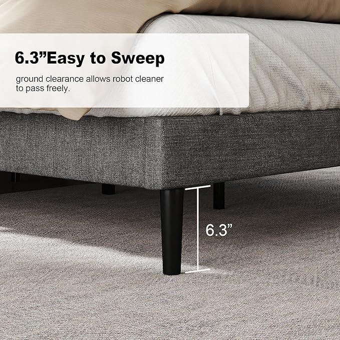 Queen Size Bed Frame with Fabric Upholstered Headboard, Platform Bed with - Image 6