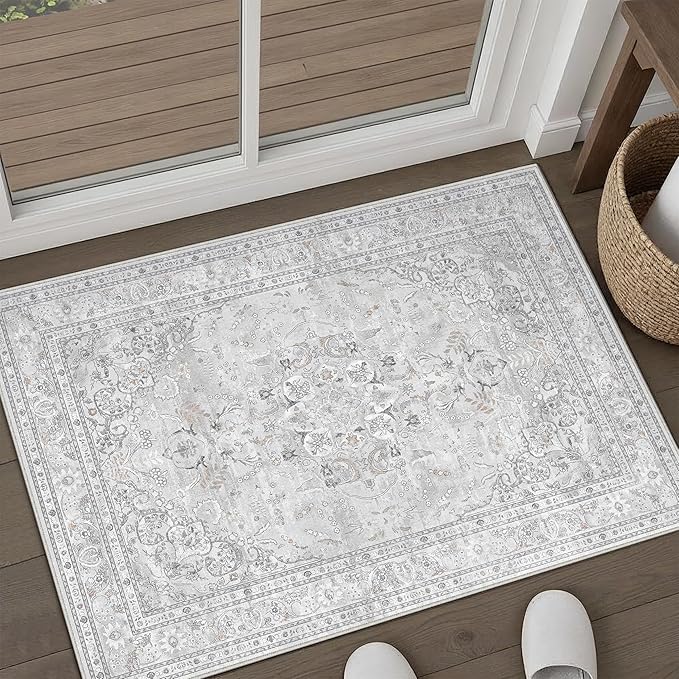 Grey 2x3 Area Rug Washable Vintage Small Carpet by PureCozy