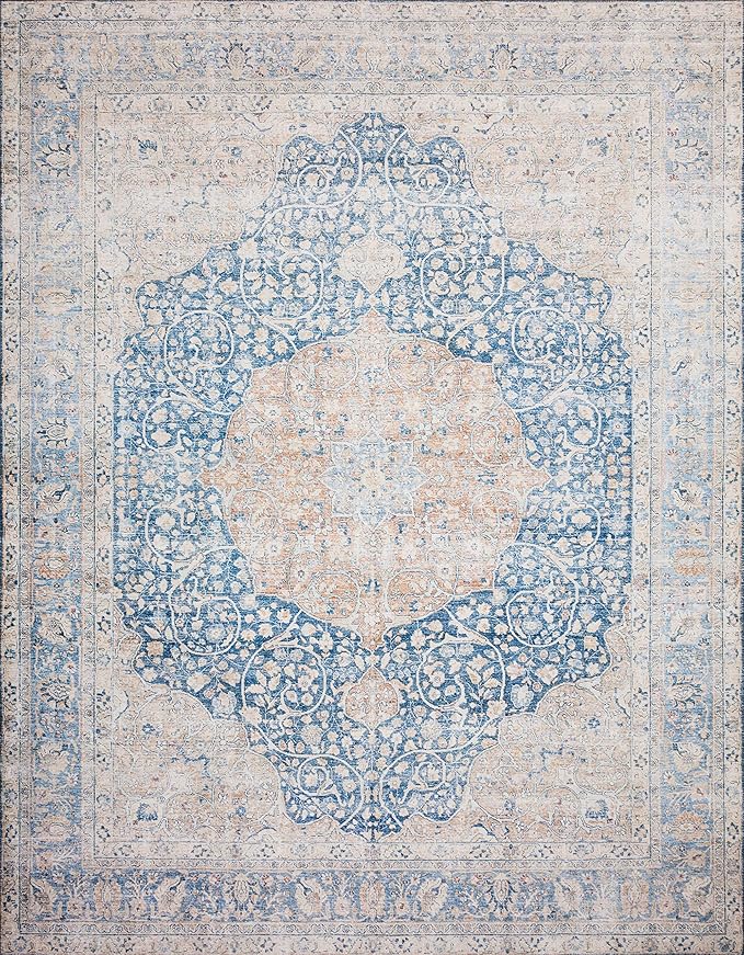 Loloi Layla Collection LAY-07 Blue/Tangerine 5'-0" x 7'-6" .13" Thick Area Rug - Image 3