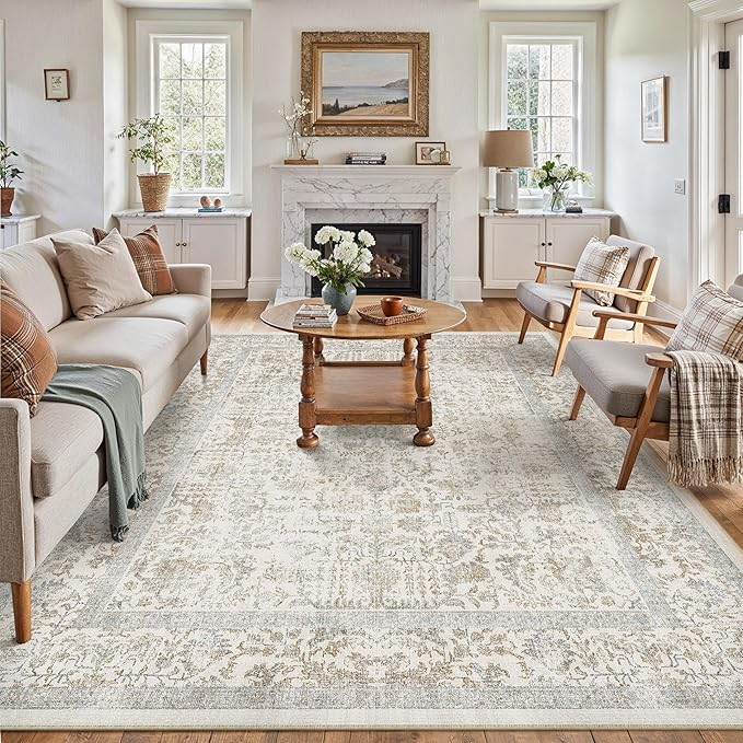 Taupe Area Rug 9x12 Machine Washable Large Vintage Living Room Distressed Non by PureCozy