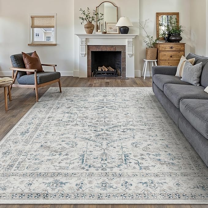 Blue 8x10 Area Rug Vintage Washable Living Room Carpet Non Slip Bedroom Indoor by PureCozy