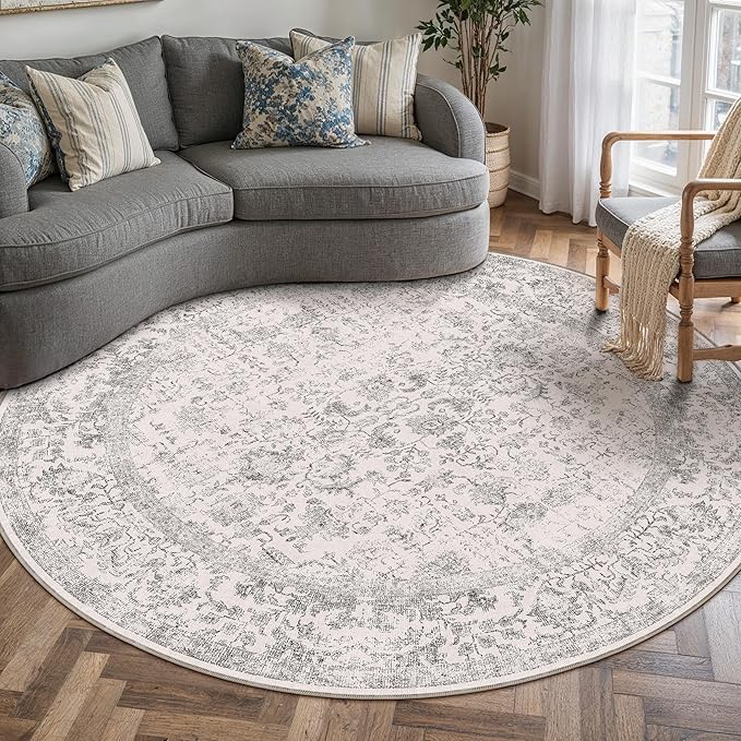 Grey Round Area Rug 6ft Entryway Door Mat Small Circle 6x6 Kitchen Vintage by PureCozy