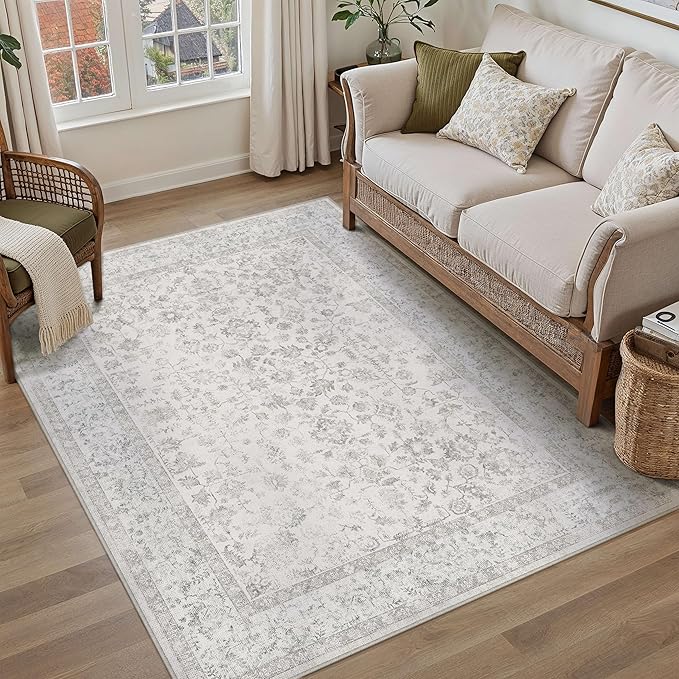 4x6 Grey Area Rug Non Slip Vintage Office Entryway Rug Distressed Machine by PureCozy