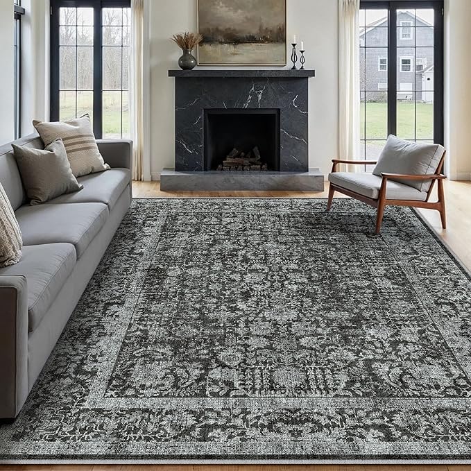 Dark Black Area Rug 8x10 Machine Washable Large Vintage Living Room Distressed by PureCozy
