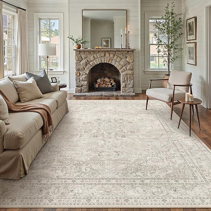 Beige 8x10 Area Rug Washable Vintage Carpet by PureCozy