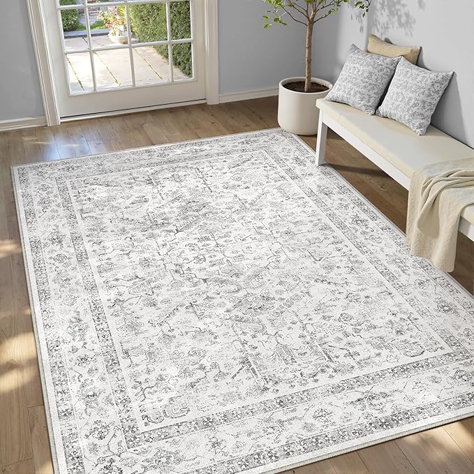 Grey 5x8 Area Rug Vintage Washable Living Room Carpet Non Slip Neutral Bedroom - Image 4