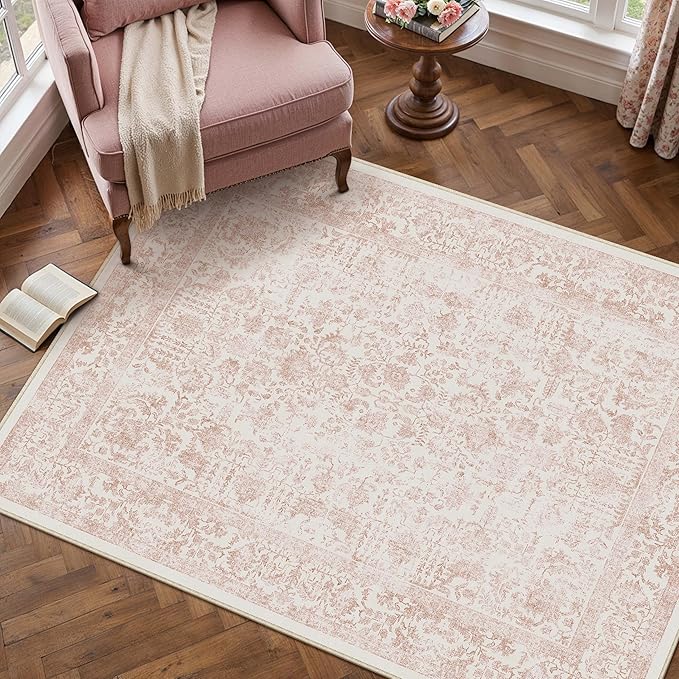 Pink Area Rug 3x4 Office Entryway Rug Machine Washable Kitchen Vintage - Image 5