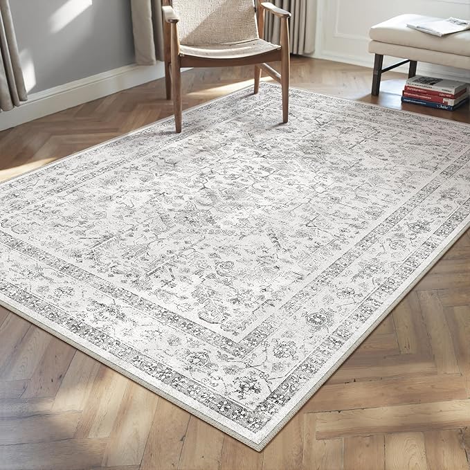 Grey 4x5 Entryway Rug Vintage Area Carpet Indoor Kitchen Washable Neutral Door - Image 5