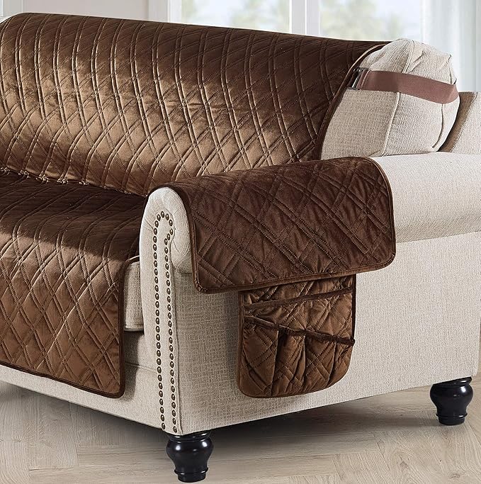 Brilliant Sunshine Chocolate Velvet Couch Armrest 5 Pockets Organizer, Slip - Image 7